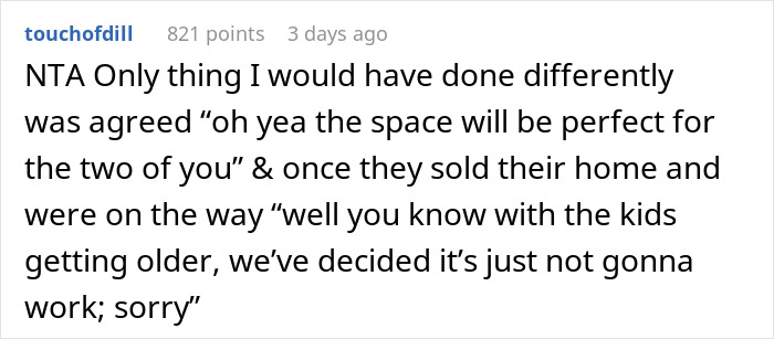 Screenshot of a social media comment discussing in-laws refusing to help with childcare and wanting to move in.