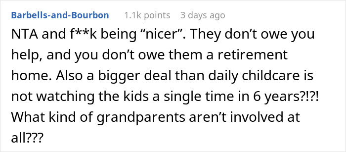 Text post from Barbells-and-Bourbon arguing in-laws refused to help with childcare and questioning grandparents’ involvement.