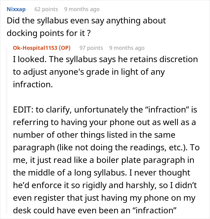 Screenshot of online discussion about professor enforcing phone rule causing students to risk failing class after no prior warning given.