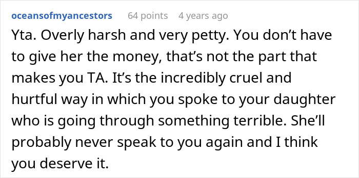 Reddit comment criticizing a selfish lady who ignores her adopted family, calling her overly harsh and undeserving of sympathy.