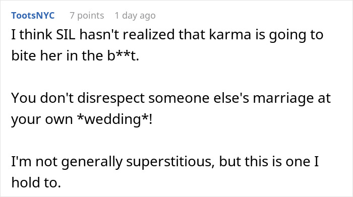 Comment discussing drama after bride excludes sister-in-law from wedding photos, highlighting family tension and wedding conflict.