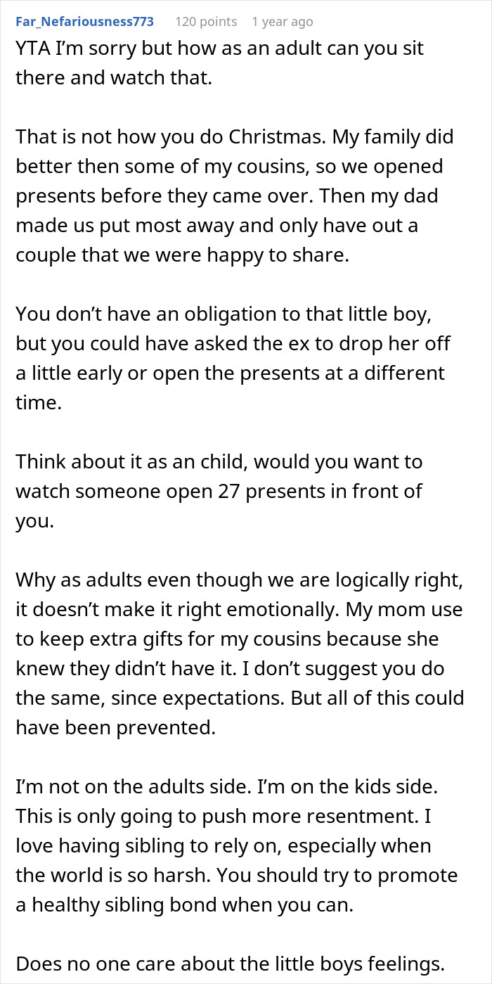 Reddit comment discussing Christmas gifts disparity between daughter and half-brother and promoting healthy sibling bond. Reddit comment discussing Christmas gifts disparity between daughter and half-brother and promoting healthy sibling bond.