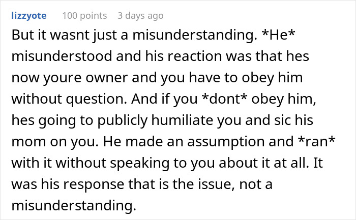 Screenshot of a Reddit comment describing a man showing his true colors after assuming fiancée is pregnant, causing shock and humiliation. Screenshot of a Reddit comment describing a man showing his true colors after assuming fiancée is pregnant, causing shock and humiliation.