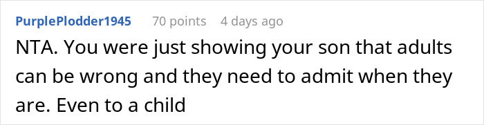 Screenshot of an online comment explaining how a teacher was corrected by a kid and his dad highlighted admitting when adults are wrong.