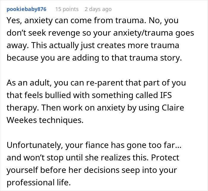Comment discussing fiancée’s obsession with her bully and the impact on relationships and personal well-being. Comment discussing fiancée’s obsession with her bully and the impact on relationships and personal well-being.