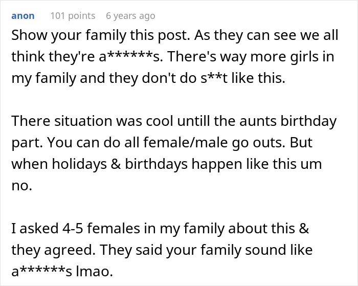 Screenshot of an online comment discussing family dynamics and exclusion from girl days, highlighting immaturity and need to grow up.