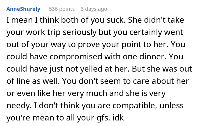 Screenshot of a text comment discussing a man losing it when his girlfriend can&rsquo;t comprehend his business trip is not a romantic getaway.