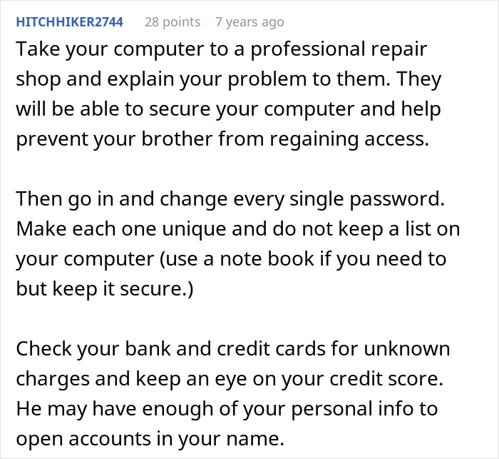 ALT text: Advice on handling brother's stalker tendencies by securing devices and monitoring personal accounts to protect sanity and college life.