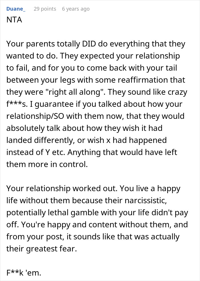 Text excerpt from a woman refusing to let parents see her baby due to past family conflict 15 years ago.