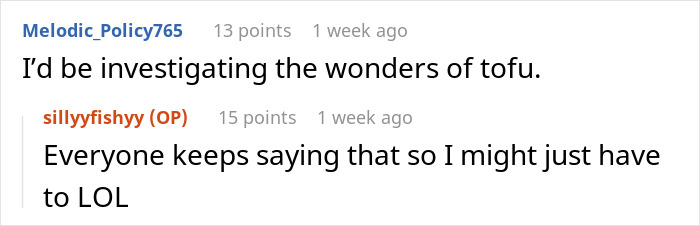 Comments discussing tofu and reactions related to mom and boyfriend food drama in an online conversation. Comments discussing tofu and reactions related to mom and boyfriend food drama in an online conversation.