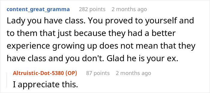 Online comments showing a woman proving husband's family are lying snobs with a simple switch discussion. Online comments showing a woman proving husband's family are lying snobs with a simple switch discussion.