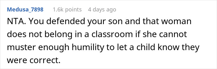Screenshot of Reddit comment defending a son after a teacher was corrected by a kid with a fun fact, highlighting humility in classrooms.