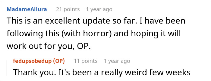 Screenshot of an online conversation where a woman shares a crazy story about her hair stylist and a weird shrine for her hair.