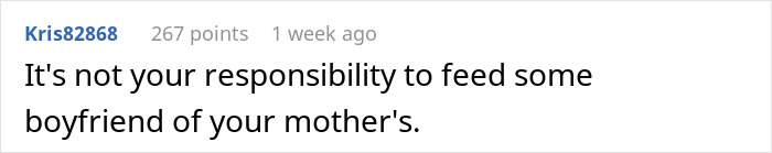 Text comment discussing responsibility and feeding mom’s boyfriend, highlighting mom-boyfriend food drama topic. Text comment discussing responsibility and feeding mom’s boyfriend, highlighting mom-boyfriend food drama topic.