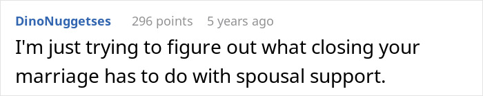 Screenshot of an online comment discussing the impact of closing a marriage on spousal support in a legal context.