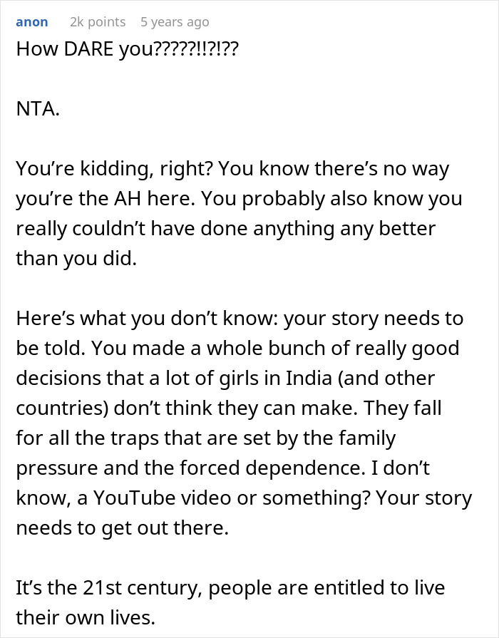 Screenshot of a Reddit comment praising a woman in India for standing up against an arranged marriage proposal. Screenshot of a Reddit comment praising a woman in India for standing up against an arranged marriage proposal.