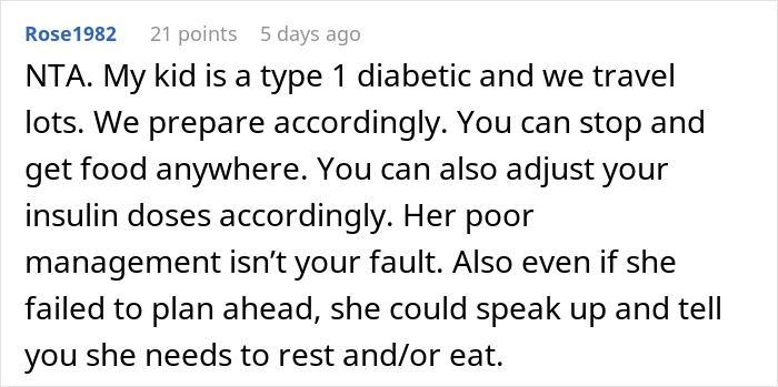 Comment discussing a type 1 diabetic child and importance of preparation and communication during trips for diabetic care.