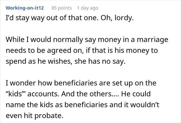 Reddit comment screenshot about inheritance plans and beneficiaries, mentioning a greedy mom reacting to money Reddit comment screenshot about inheritance plans and beneficiaries, mentioning a greedy mom reacting to money