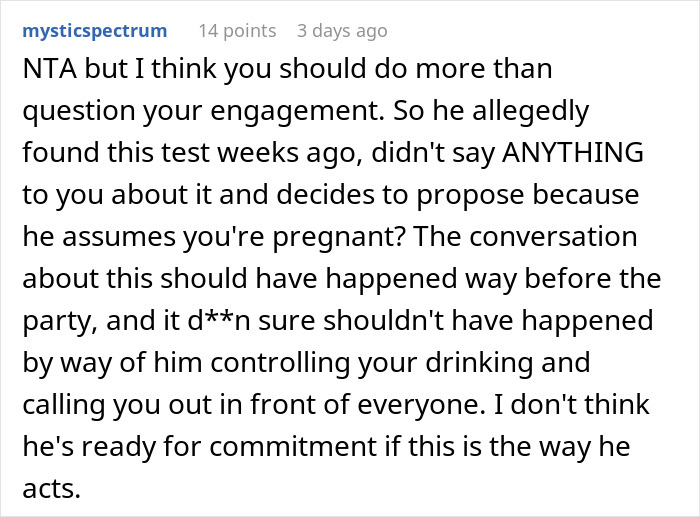 Screenshot of a Reddit comment discussing a man showing his true colors after assuming fiancée is pregnant. Screenshot of a Reddit comment discussing a man showing his true colors after assuming fiancée is pregnant.