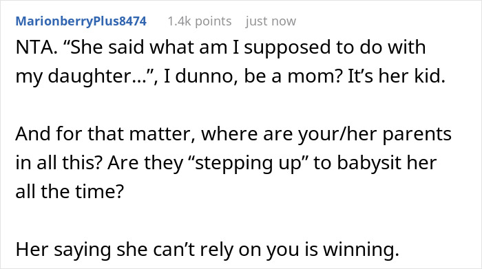 Reddit comment discussing a child-loathing lady fleeing after family pressures her to become a free nanny. Reddit comment discussing a child-loathing lady fleeing after family pressures her to become a free nanny.