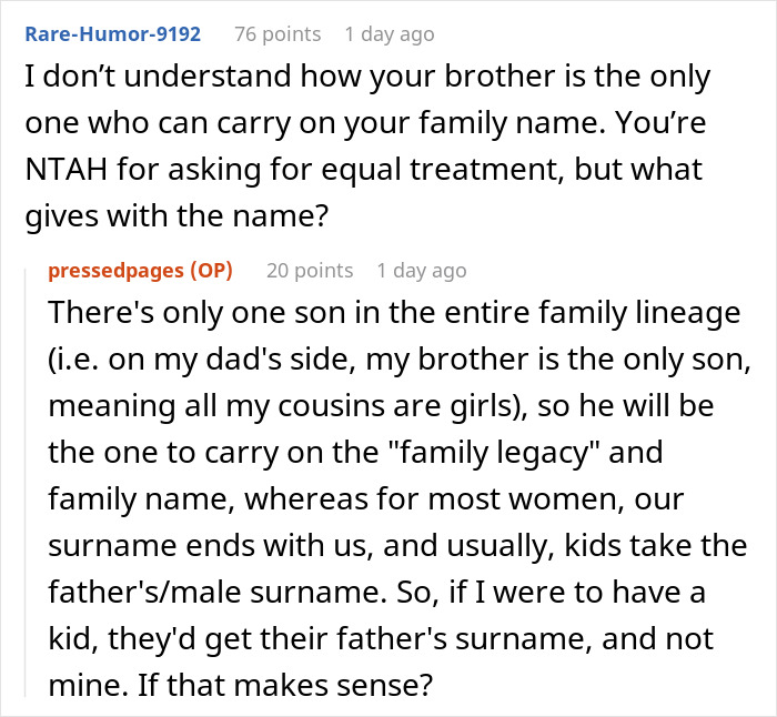 Reddit comment thread about family name and inheritance, asking big amount parents house payment Reddit comment thread about family name and inheritance, asking big amount parents house payment
