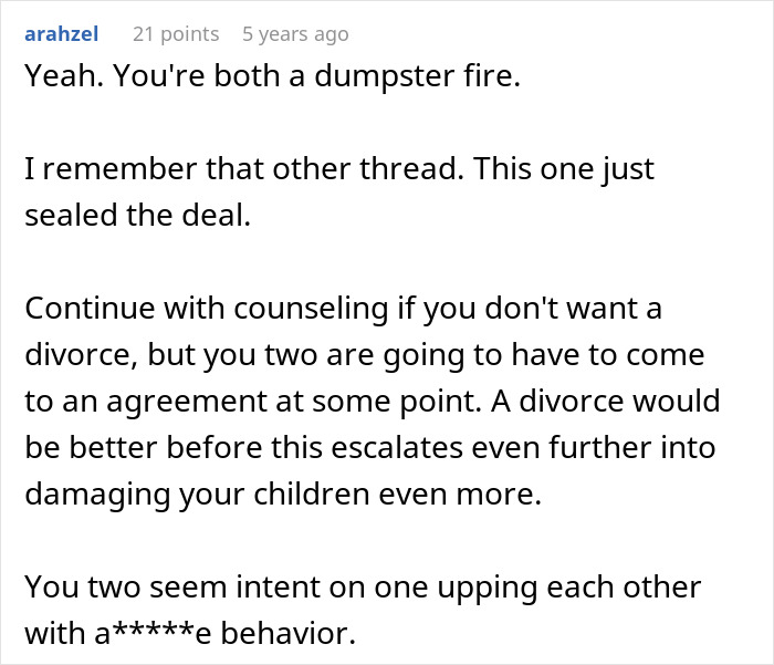Commenter discusses open marriage agreement and counseling advice amid marital conflict and potential divorce risks.