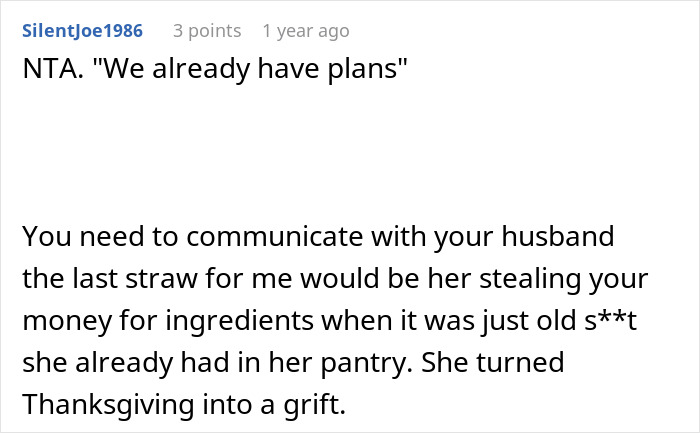 Comment discussing woman refusing to attend mother-in-law&rsquo;s Thanksgiving after being reinvited due to other guests canceling plans.