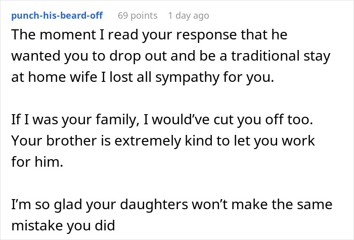 Comment on family drama about woman disowned for marrying a mechanic, watching rich siblings thrive while she struggles at 55.