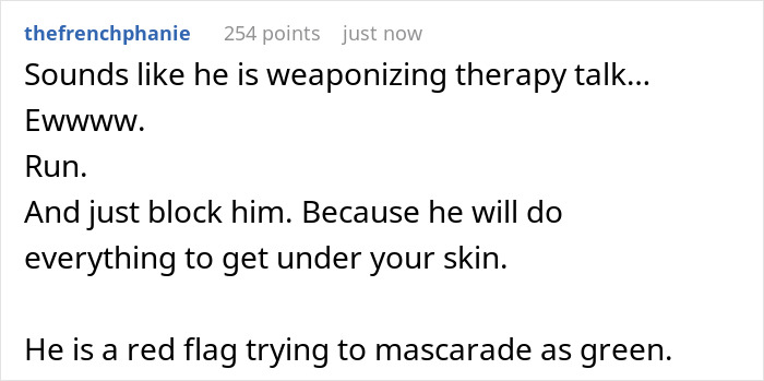 Commenter warning about a man weaponizing therapy talk and ignoring boundaries in a toxic relationship. Commenter warning about a man weaponizing therapy talk and ignoring boundaries in a toxic relationship.