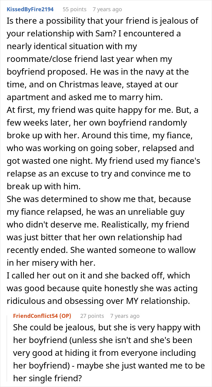 Online forum discussion showing a woman fabricating evidence of cheating to convince friend to dump boyfriend, plan backfires.