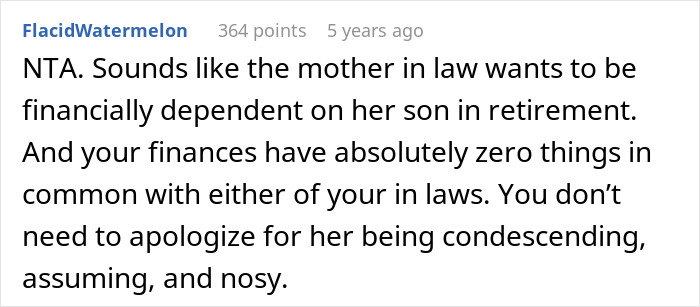 Screenshot of a Reddit comment discussing a mother-in-law's financial dependence and condescending behavior. Screenshot of a Reddit comment discussing a mother-in-law's financial dependence and condescending behavior.