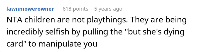 Screenshot of a Reddit comment discussing a cousin with cancer wanting to borrow a baby to experience motherhood.