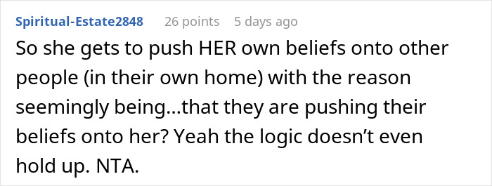 Reddit comment discussing a woman demanding her in-laws remove religious items due to her atheism conflict. Reddit comment discussing a woman demanding her in-laws remove religious items due to her atheism conflict.