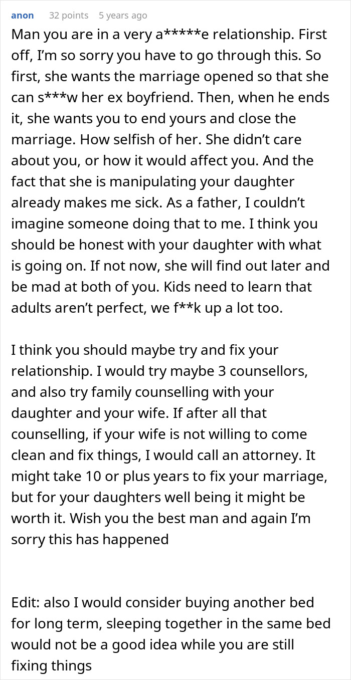 Screenshot of an online comment discussing the challenges of an open marriage and reconnecting with an ex partner. Screenshot of an online comment discussing the challenges of an open marriage and reconnecting with an ex partner.