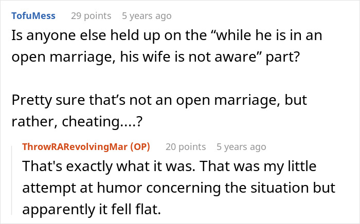 Reddit users discussing the ethics and humor of an open marriage where a wife reconnects with her ex. Reddit users discussing the ethics and humor of an open marriage where a wife reconnects with her ex.