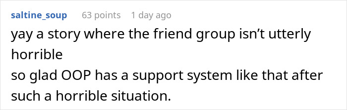 Comment praising a support system after a difficult situation, related to grief and superhero preferences conflict. Comment praising a support system after a difficult situation, related to grief and superhero preferences conflict.