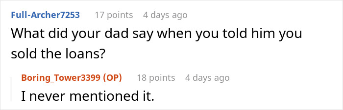 Screenshot of a forum discussion about emptying father's estate and selling loans with a brief question and answer exchange. Screenshot of a forum discussion about emptying father's estate and selling loans with a brief question and answer exchange.