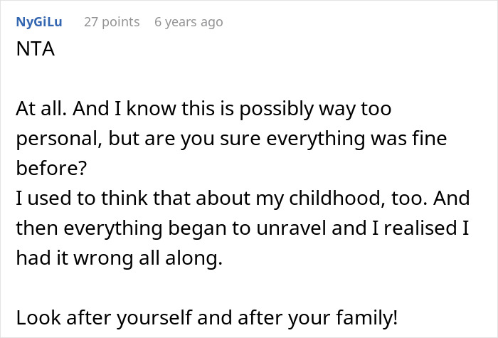 Text comment about woman refusing to let parents see baby due to something from 15 years ago, reflecting on childhood and family. Text comment about woman refusing to let parents see baby due to something from 15 years ago, reflecting on childhood and family.