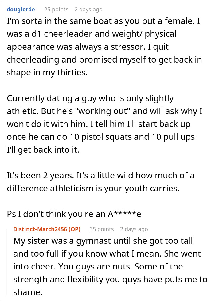 Screenshot of an online discussion where a woman demands her swimmer boyfriend look like her friend’s partner and reacts to his response. Screenshot of an online discussion where a woman demands her swimmer boyfriend look like her friend’s partner and reacts to his response.