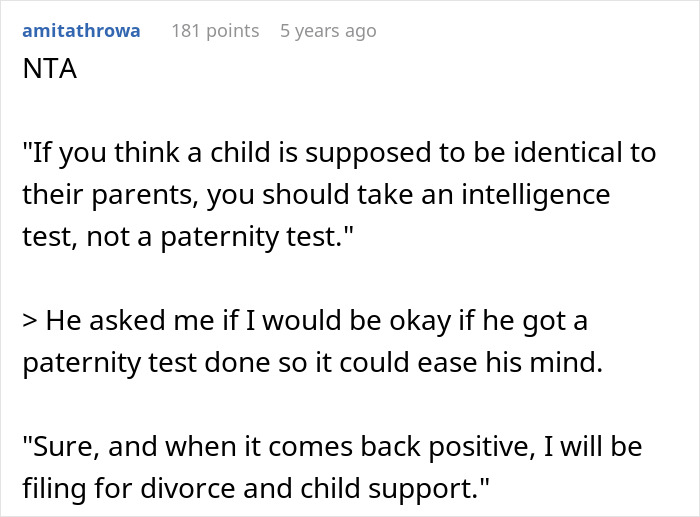 Comment discussing a man demanding a paternity test for his 3-year-old son and the wife's reaction suggesting therapy.