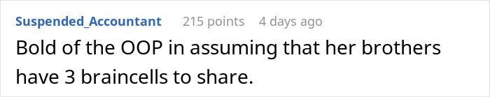 Screenshot of an online comment highlighting frustration over brothers too broke to pitch in for Mom’s birthday gift. Screenshot of an online comment highlighting frustration over brothers too broke to pitch in for Mom’s birthday gift.