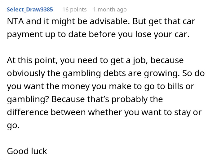 Reddit comment advising to get a job due to growing gambling debts, reflecting husband blaming SAHM wife for finances.