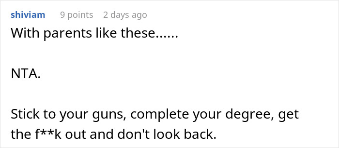 Screenshot of a Reddit comment discussing a woman demanding her child drop out of college to pay bills.