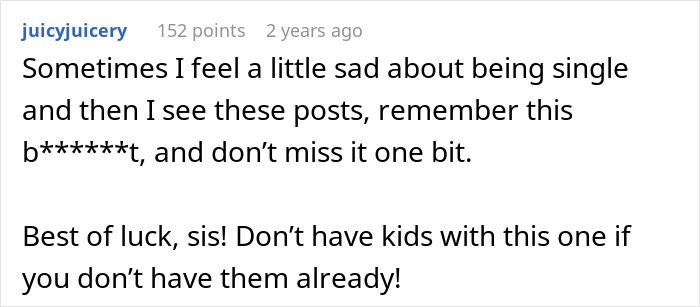 Text comment discussing feelings about being single and advice related to wife deciding to live life like her husband.