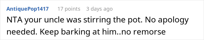 Comment on a forum post discussing a bald and divorced man shaming his nephew for long hair and cooking for his girlfriend. Comment on a forum post discussing a bald and divorced man shaming his nephew for long hair and cooking for his girlfriend.