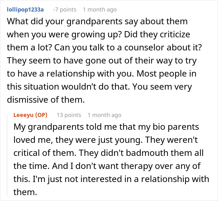 Alt text: Reddit conversation about a teen refusing to live with bio parents who abandoned him and legal action taken.