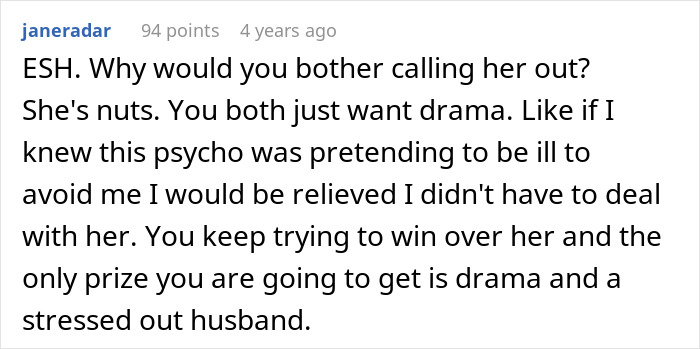 Comment on forum screen showing user janeradar discussing drama and stressed husband, highlighting ruining family relationship lying MIL. Comment on forum screen showing user janeradar discussing drama and stressed husband, highlighting ruining family relationship lying MIL.