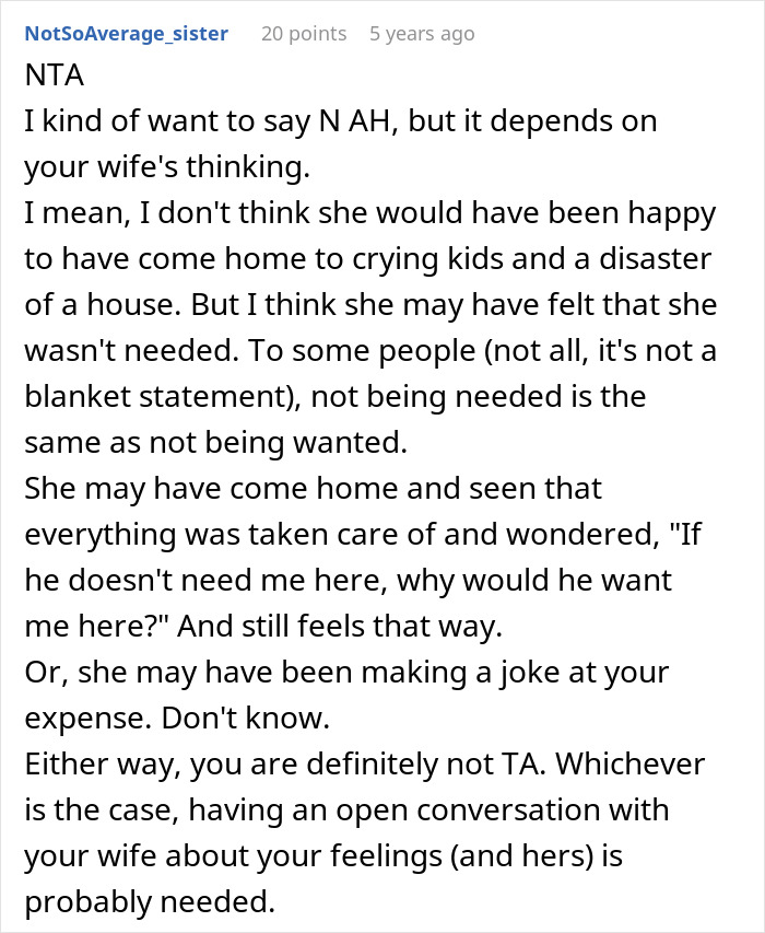 Reddit comment screenshot about guy embarrasses wife, user says NTA and suggests open conversation Reddit comment screenshot about guy embarrasses wife, user says NTA and suggests open conversation