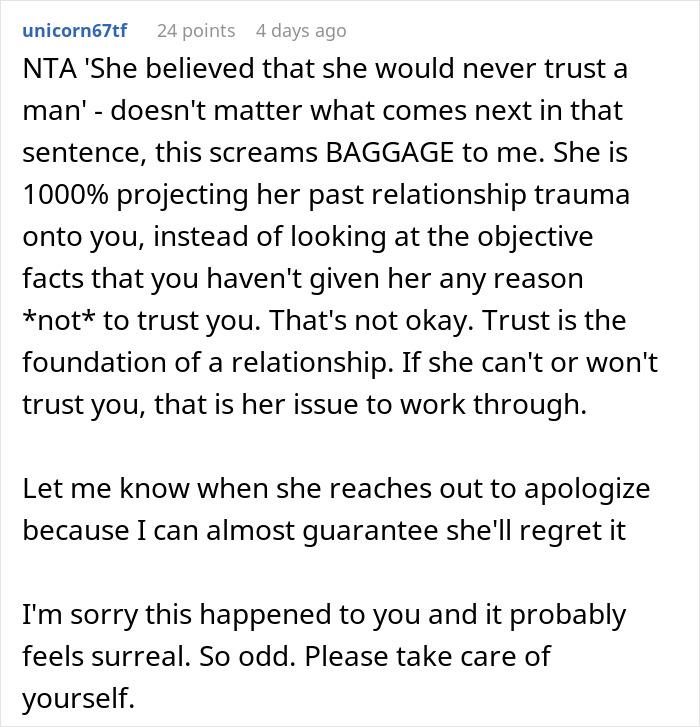 Screenshot of a user comment discussing trust issues and relationship trauma related to a woman forcing a contract on her boyfriend.