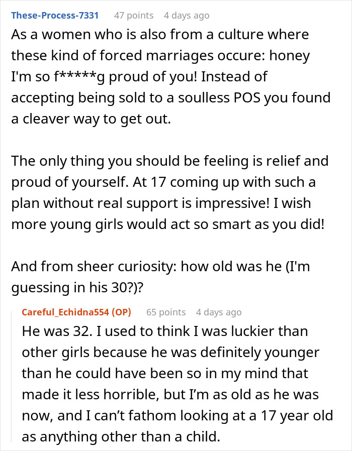 Reddit comments discussing a teen forced into marriage with a 32-year-old and her clever plan to get a divorce.